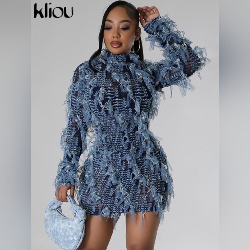 Blue Textured Women's Dress Pathwork Mini Striper Stacked Autumn Full Sleeve.